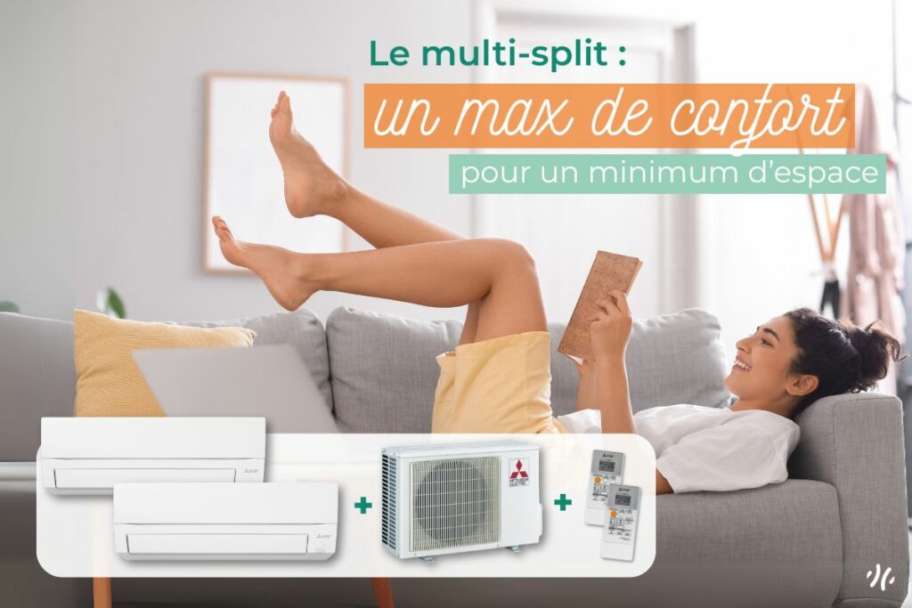 Une jeune femme allongée sur le canapé, les jambes croiséess en l'air profitant d'une climatisation multi split