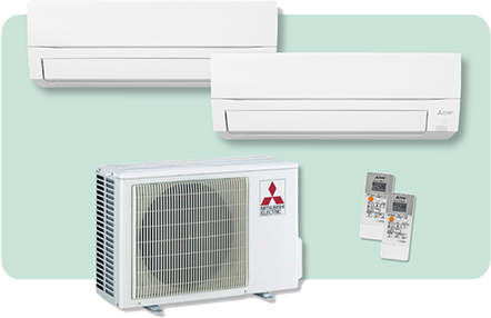Climatisation multi-split Mitsubishi Electric avec deux unités intérieures murales, groupe extérieur et télécommandes installée par KALTEA