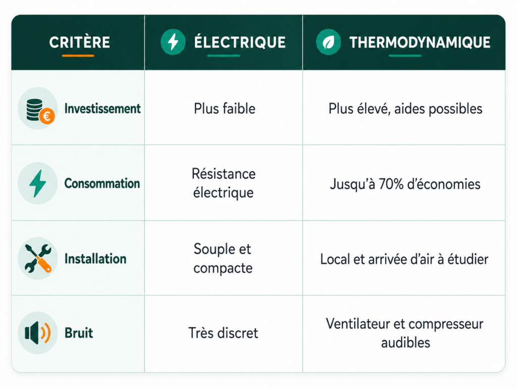 Tableau comparatif entre le chauffe-eau thermodynamique et le chauffe-eau électrique.