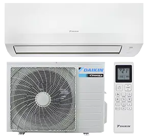 Ensemble de climatisation réversible Daikin comprenant l'unité intérieure murale blanche, le bloc moteur extérieur et la télécommande.