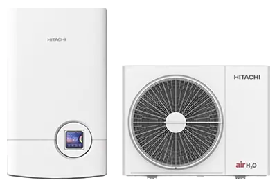 Pompe à chaleur air-eau Hitachi avec son module hydraulique intérieur à écran digital et son groupe extérieure.