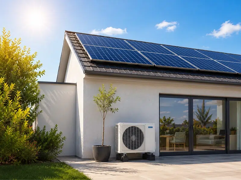 Maison moderne équipée de panneaux solaires photovoltaïques sur le toit et d’un groupe extérieur de climatisation réversible.