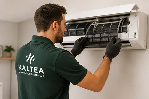 Technicien KALTEA nettoyant les filtres d’une unité intérieure de climatisation murale.
