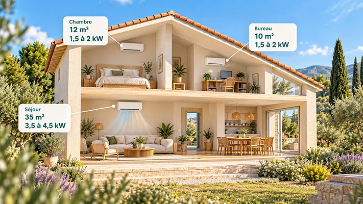 Maison avec puissances indicatives de climatisation selon la surface des pièces en m²