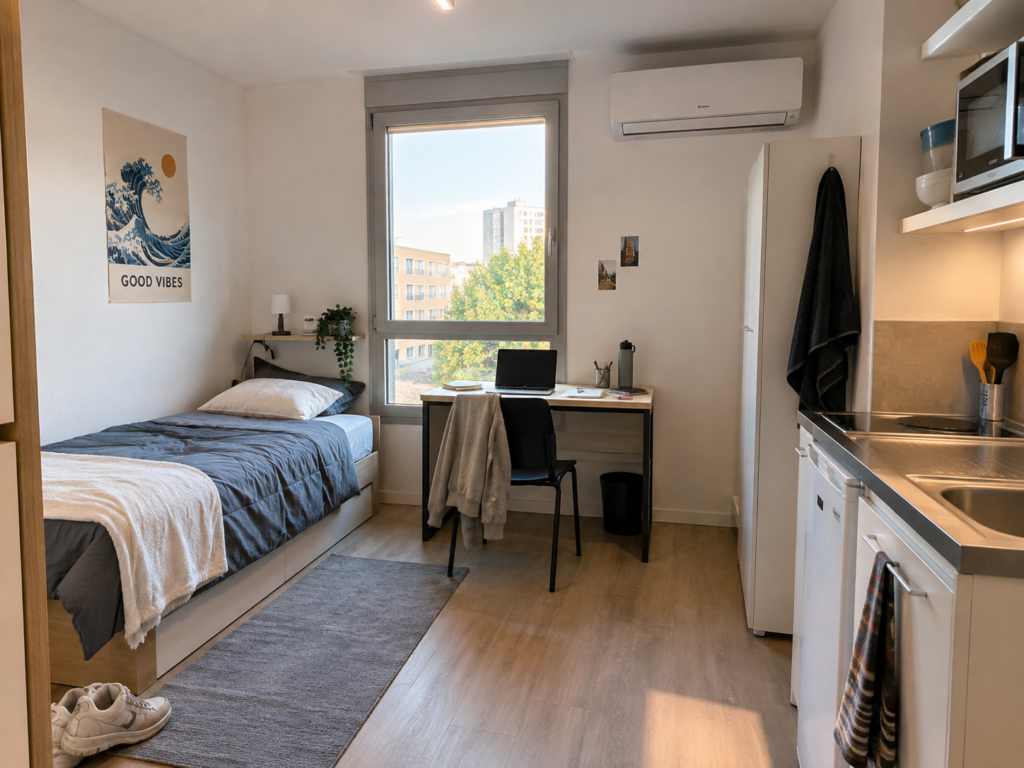 Climatisation réversible murale installée dans un studio étudiant avec coin nuit, bureau et kitchenette.